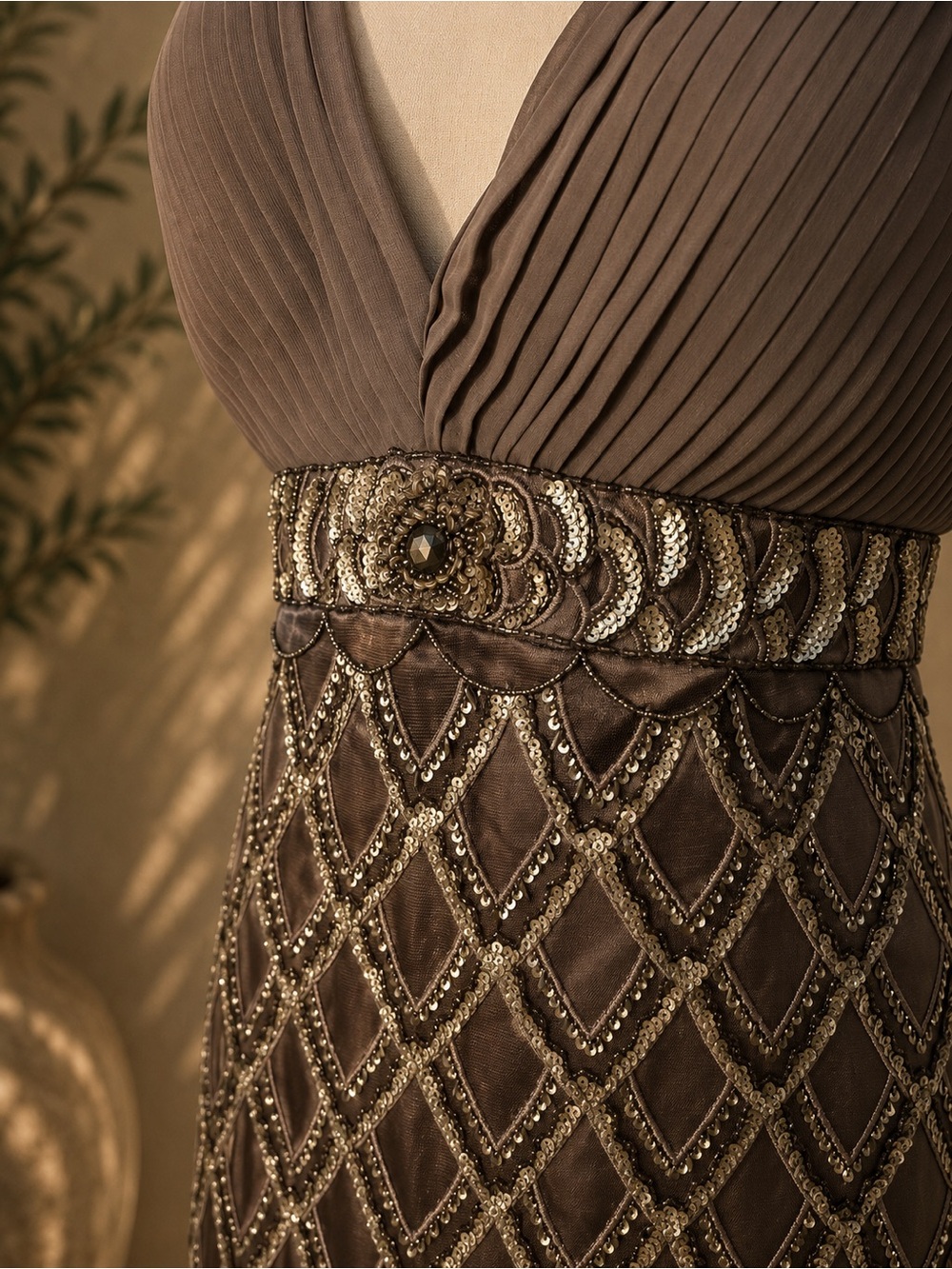 Sue Wong Nocturne Beaded Sequin Cocktail Dress Brown Art Deco Gatsby Size 14 - Picture 6 of 9